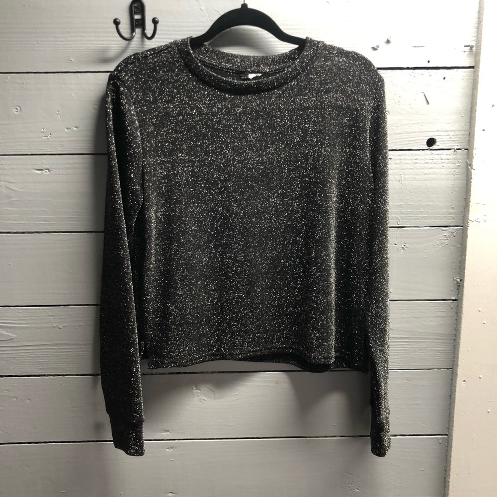 Womens Knit Cropped Shimmer Blouse Black and Silver Small